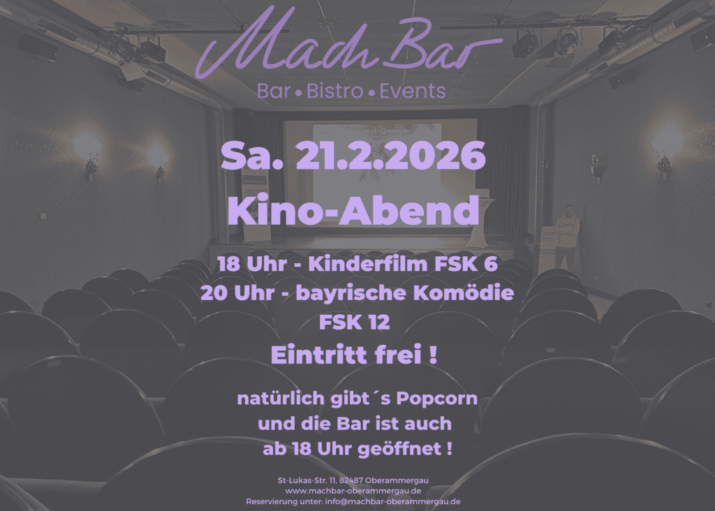 Veranstaltungsplakat für Kino-Event im Macho Bar am 21. Februar 2026.