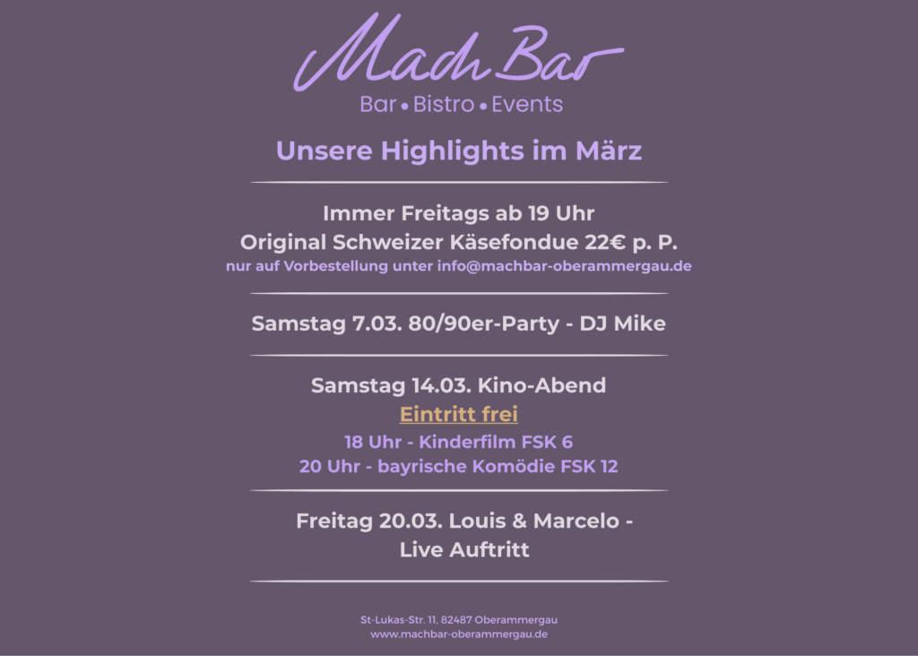 Veranstaltungsübersicht im MachBar mit Konzerten, DJ-Abenden und Kino-Events.