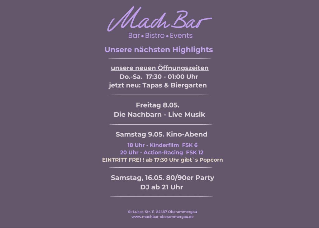 Veranstaltungsflyer für MadhBar mit Öffnungszeiten und Highlights.