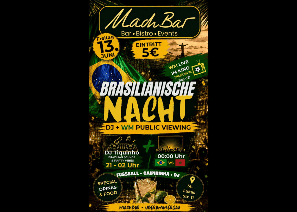 Brasilianische Nacht im Mad Bar mit DJ, WM-Übertragung und Spezialdrinks am 13. Juni. Eintritt nur 5.