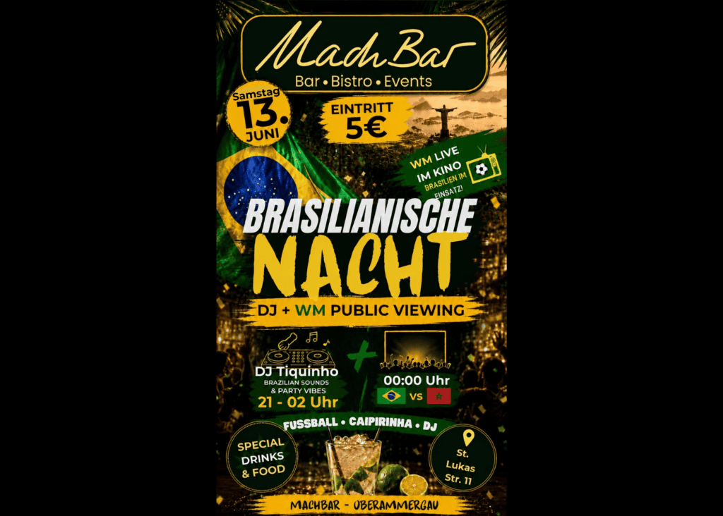 Feiern Sie brasilianische Nacht mit DJ Tiquinho, WM-Übertragung und Spezialdrinks im Mad Bar am 13.